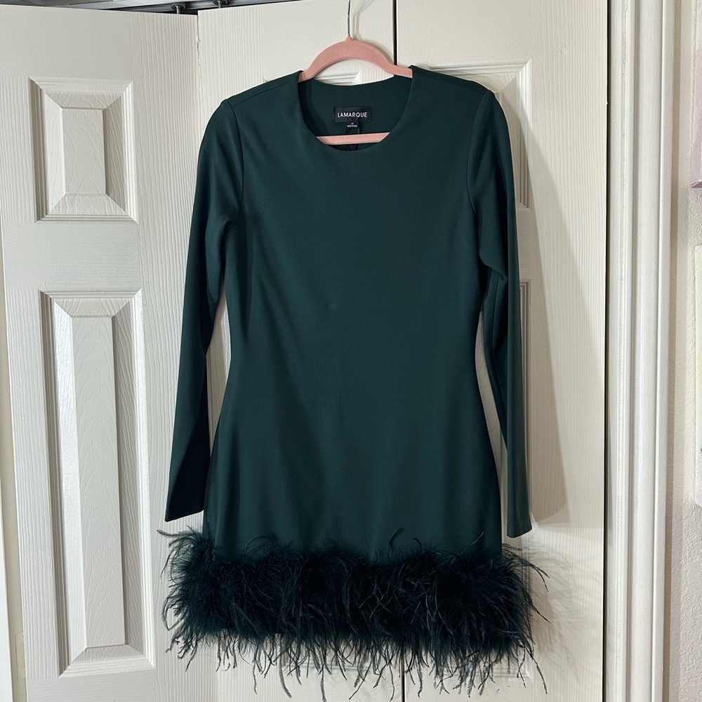 Lamarque Deep Teal Long-Sleeve Feather Hem Dress - Picture 6 of 7